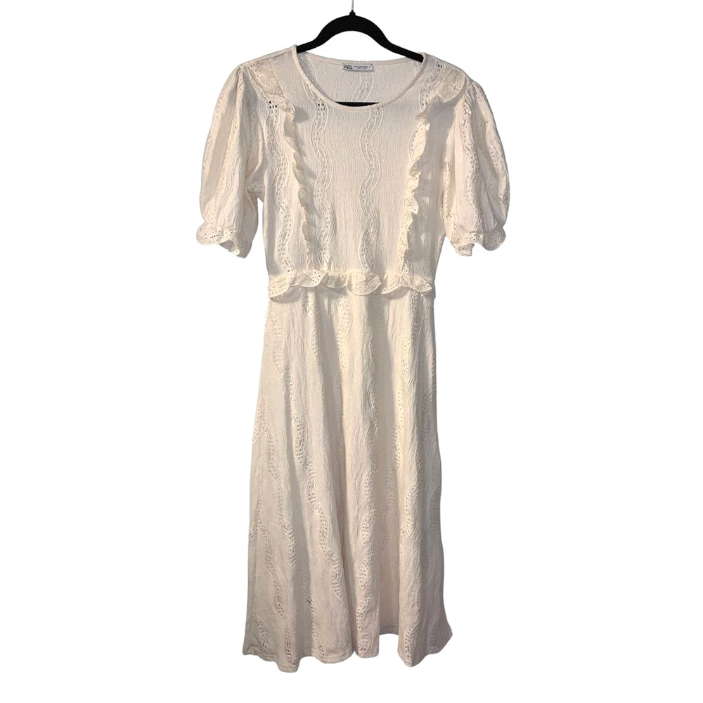 Zara Women's Feminine Eyelet Midi Dress Size M Ivory Romantic Puff Sleeves